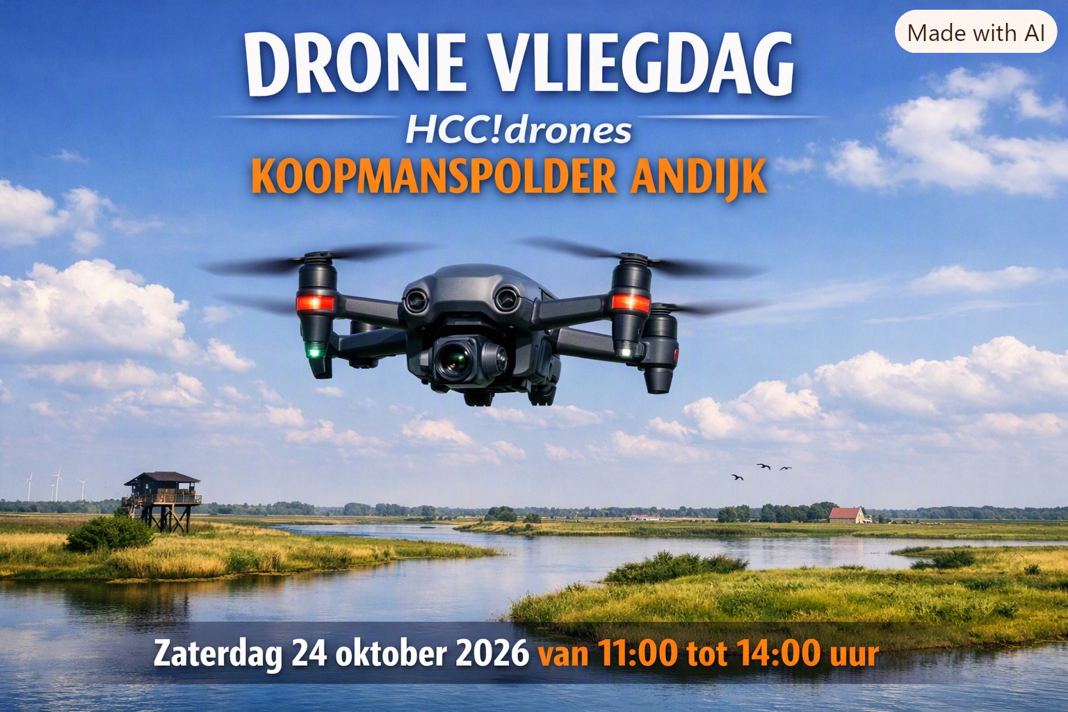 Een moderne grijze drone hangt stil in de lucht boven de Koopmanspolder in Andijk. Onder de drone zijn water, gras en kleine eilandjes zichtbaar. Links staat een houten uitkijktoren, rechts een boerderij met rood dak. In de verte draaien windmolens. De lucht is blauw met witte wolken. Bovenaan staat de tekst “Drone Vliegdag – HCC!drones Koopmanspolder Andijk”. Onderaan staat “Zaterdag 24 oktober 2026 van 11:00 tot 14:00 uur”.
