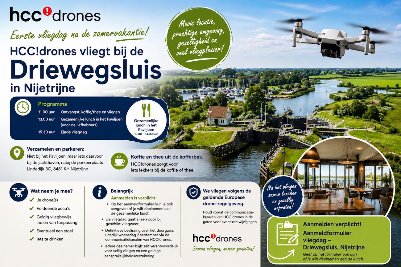 Promotieposter van HCC!drones voor de vliegdag bij de Driewegsluis in Nijetrijne op donderdag 3 september 2026, met een luchtfoto van de sluis, informatie over het programma, de gezamenlijke lunch en de aanmelding.