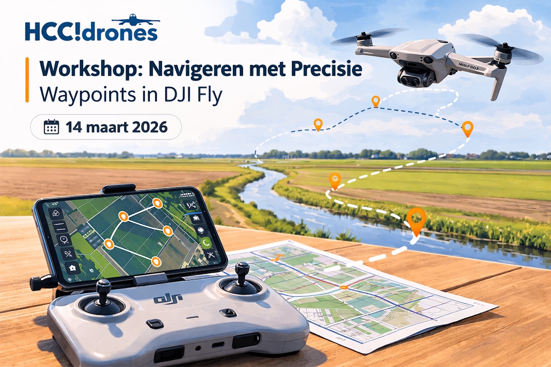 Het beeld toont een promotieposter voor een drone‑workshop. Op de voorgrond staat een houten tafel met daarop een DJI‑afstandbediening. Aan de afstandsbediening zit een smartphone bevestigd die een kaart toont met meerdere gemarkeerde waypoints. Naast de controller ligt een papieren kaart. Op de achtergrond vliegt een DJI‑drone boven een landelijk landschap met groene velden, een kronkelende rivier en enkele bomen in de verte. De lucht is helder met wat verspreide wolken. Op de poster staat de tekst: • 	HCC!drones • 	Workshop: Navigeren met Precisie • 	Waypoints in DJI Fly • 	14 maart 2026