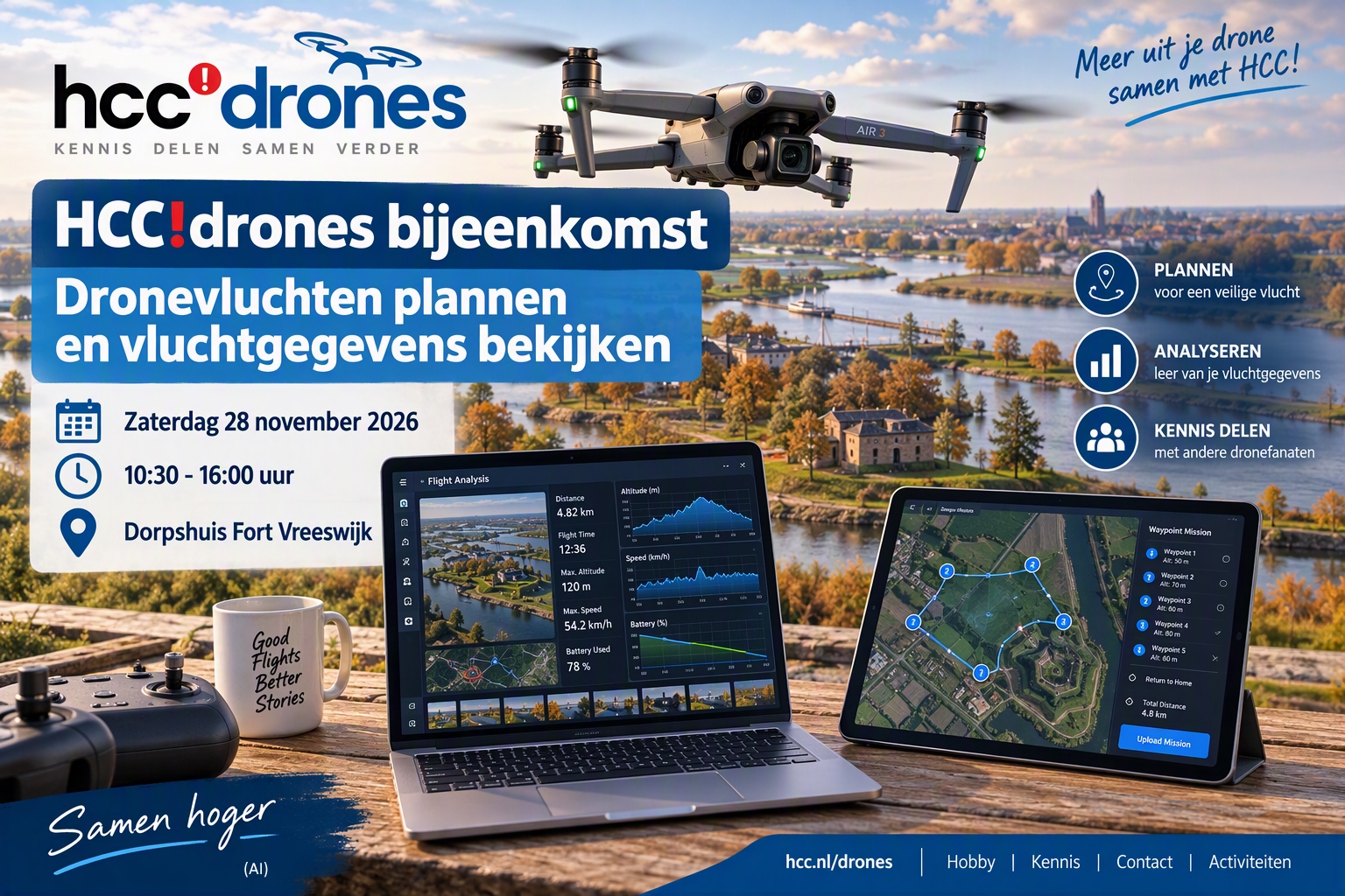 Banner voor een HCC!drones-bijeenkomst over dronevluchten plannen en vluchtgegevens bekijken. Op de voorgrond staan een dronecontroller met tablet waarop een vliegroute met waypoints zichtbaar is en een laptop met vluchtgegevens, grafieken en telemetrie. Op de achtergrond vliegt een drone boven een Nederlands rivierlandschap. In de banner staan de evenementgegevens: zaterdag 28 november 2026, 10:30-16:00 uur, Dorpshuis Fort Vreeswijk.