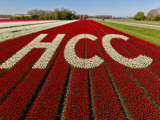 een veld met bloeiende rode bloembollen met in witte letters HCC