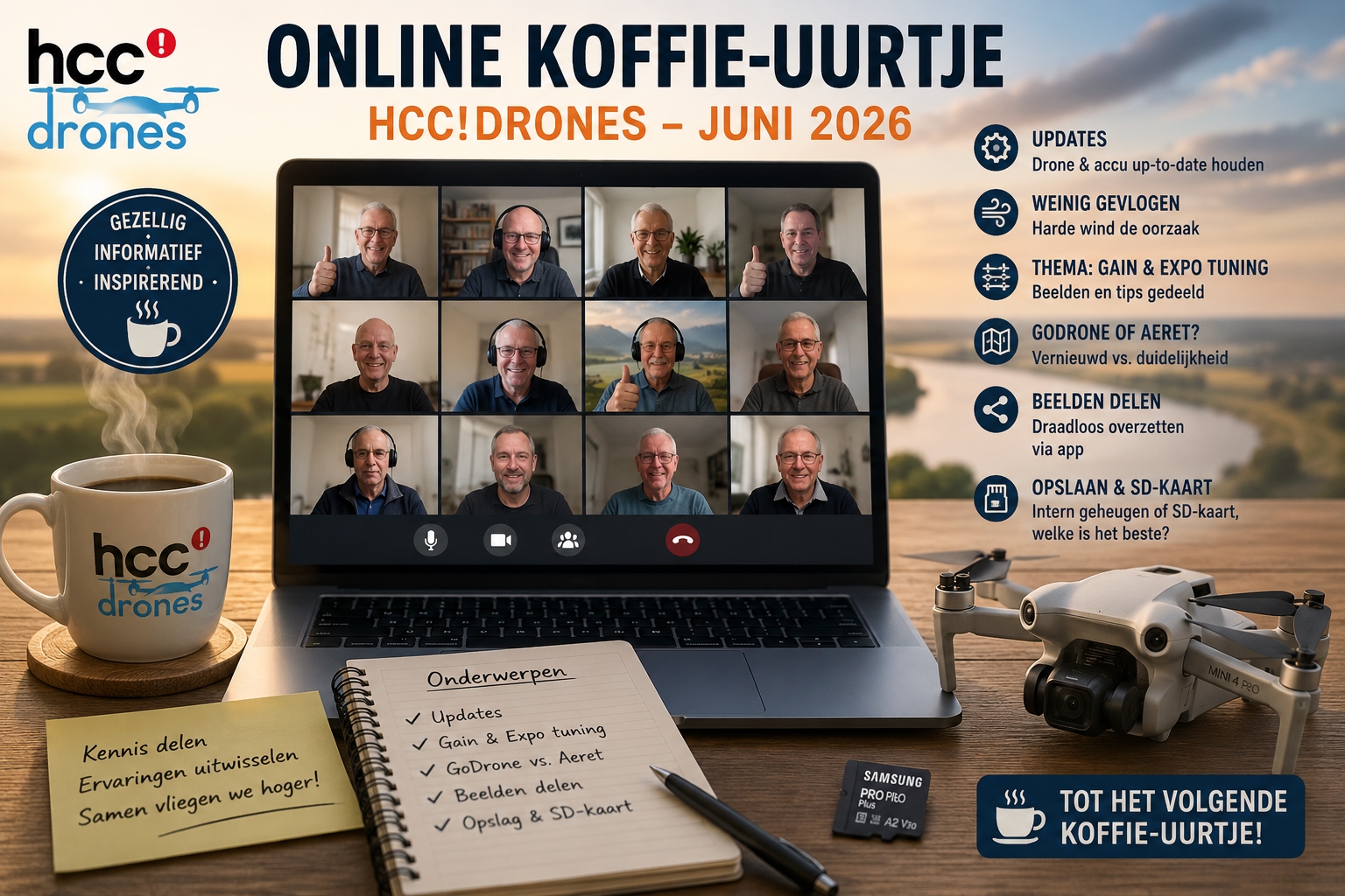 Online koffie-uurtje HCC!drones – juni 2026 Met 12 deelnemers bespraken we updates voor de DJI Mini 4 Pro, Gain & Expo Tuning, GoDrone versus Aeret en het delen en opslaan van dronebeelden. Ondanks het winderige weer was het weer een gezellige en leerzame avond.