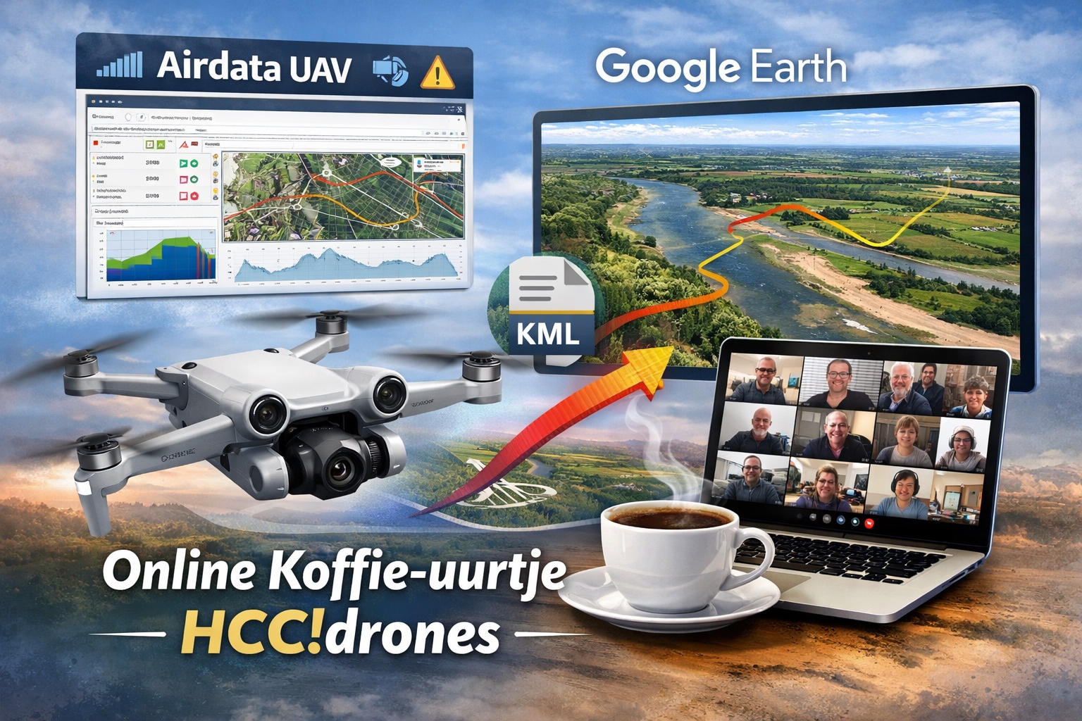 Hier zijn een paar goede opties voor de **alt-tekst** (kies wat het beste bij je website past):  **Korte versie (aanbevolen):** Online koffie-uurtje HCC!drones met drone, Airdata UAV vluchtanalyse en Google Earth 3D vliegroutes  **Iets uitgebreider:** Illustratie van het online koffie-uurtje van HCC!drones met een drone, Airdata UAV vluchtgegevens, Google Earth 3D kaart en deelnemers in een videogesprek  **Uitgebreide beschrijving (voor maximale toegankelijkheid):** Digitale illustratie van een online bijeenkomst van HCC!drones met een drone op de voorgrond, schermen met Airdata UAV vluchtanalyse en Google Earth met 3D vliegroutes, en deelnemers zichtbaar in een videogesprek naast een kop koffie  